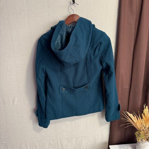 Voice Hooded Jacket Size S Teal Blue Wool Blend Lined with Pockets Warm Winter - Picture 8 of 11